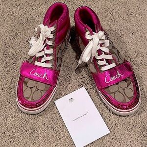COACH Signature Fuchsia Sequined High-Top Sneakers